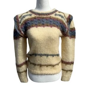 Vintage Hand-Knit Mohair Blend Sweater – Pastel Stripes, Fuzzy 80s Cottagecore